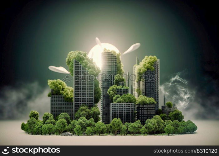 Energy consumption and CO2 gas emissions are increasing light bulb with green eco city , Renewable energy by 2050 Carbon neutral energy , Save energy creative idea concept , Generative Ai 