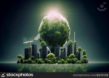 Energy consumption and CO2 gas emissions are increasing light bulb with green eco city , Renewable energy by 2050 Carbon neutral energy , Save energy creative idea concept , Generative Ai	