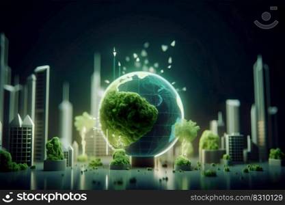 Energy consumption and CO2 gas emissions are increasing light bulb with green eco city , Renewable energy by 2050 Carbon neutral energy , Save energy creative idea concept , Generative Ai	