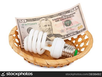 Energy saving lamp and money in basket