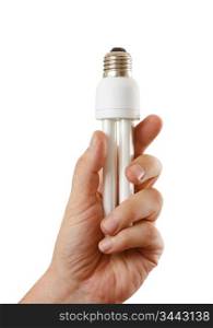 energy-saving lamp in his hand isolated on a white background