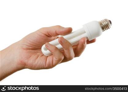energy-saving lamp in his hand isolated on a white background