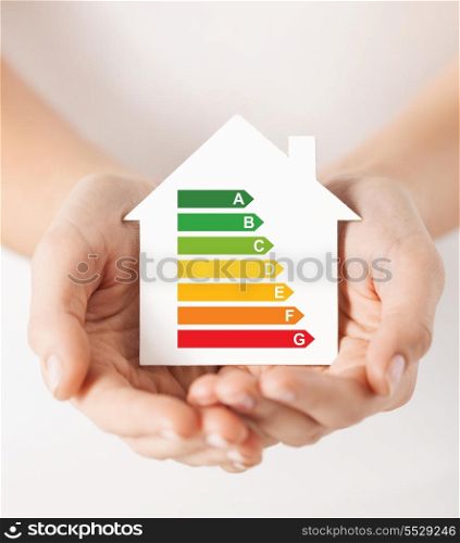 energy saving, real estate and family home concept - closeup of female hands holding white paper house with energy efficiency rating