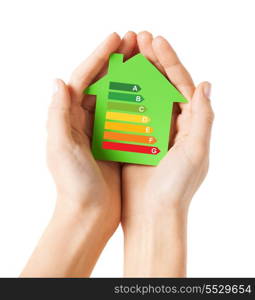 energy saving, real estate and family home concept - closeup of female hands holding green paper house with energy efficiency rating