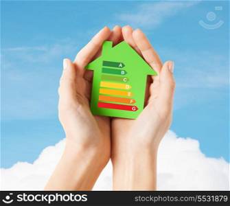 energy saving, real estate and family home concept - closeup of female hands holding green paper house with energy efficiency rating