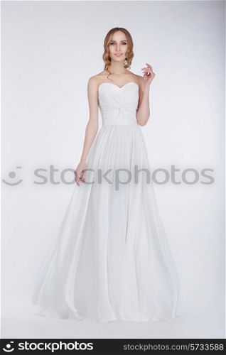 Engagement. Pretty Young Newlywed in White Dress