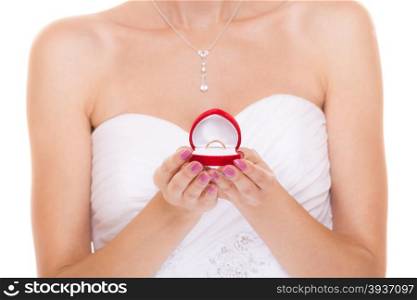 Engagement ring box in bride hands. Closeup of woman palms holding jewellery.. Engagement ring box in woman bride hands.