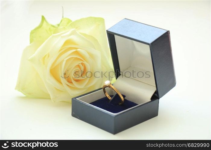 Engagement ring in box and ivory white rose