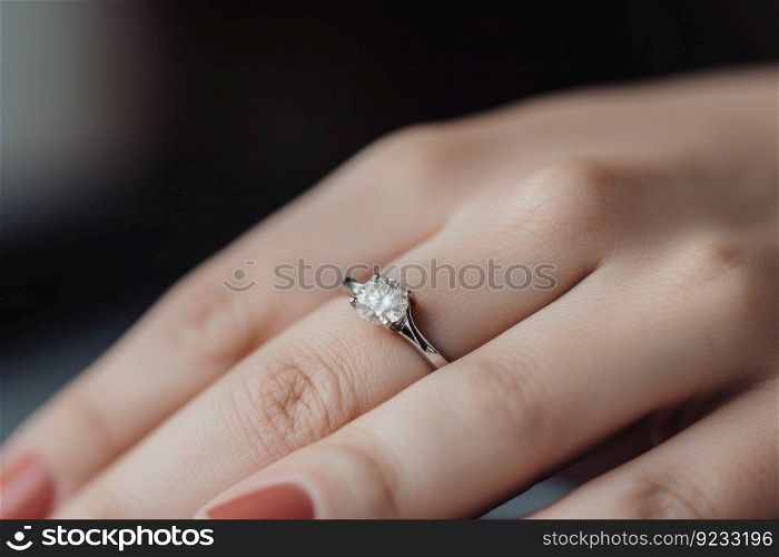 Engagement ring on finger. Woman precious. Generate Ai. Engagement ring on finger. Generate Ai