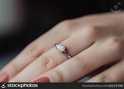 Engagement ring on finger. Woman precious. Generate Ai. Engagement ring on finger. Generate Ai