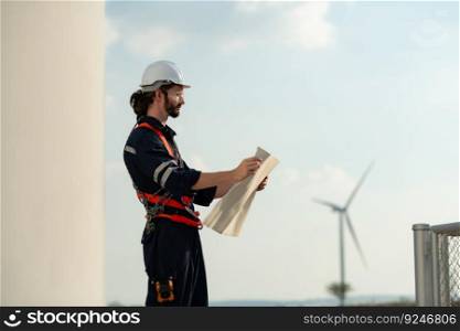 Engineer at Natural Energy Wind Turbine site with a mission to climb up to the wind turbine blades to inspect the operation of large wind turbines that converts wind energy into electrical energy