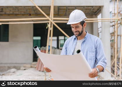 Engineer builder architect enjoy working looking floor plan in home construction site happy smile.