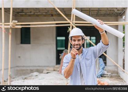 Engineer builder. Happy Foreman work in construction site. senior worker project designer leader concept.