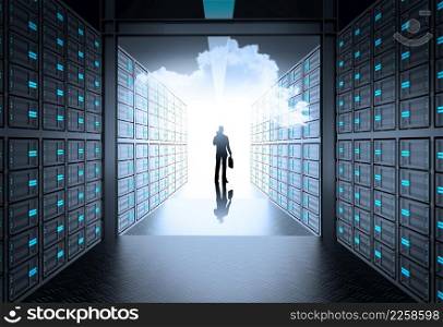 engineer business man in 3d network server room and cloud inside as concept