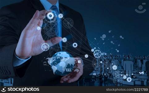 engineer businessman hand works industry diagram on virtual computer as concept