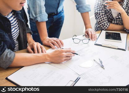 Engineer discussing meeting working on blueprint project architectural at construction site