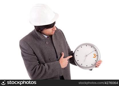 Engineer dressed for winter holding a clock