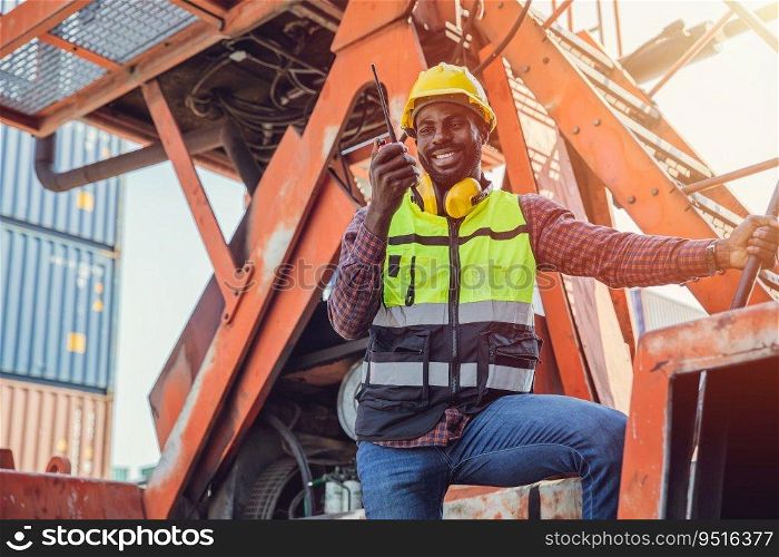 engineer foreman happy working operate container handler vehicle in port cargo container yard for shipping import export.