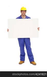 Engineer holding a placard