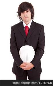 Engineer holding an helmet, isolated over white
