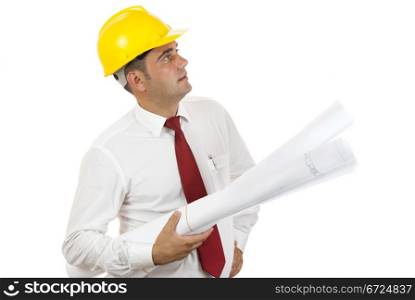 engineer holding blue prints of his construction on white background
