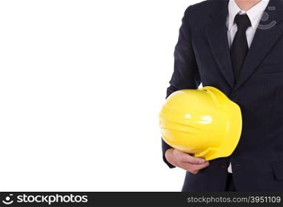 engineer in suit holding helmet isolated on white background
