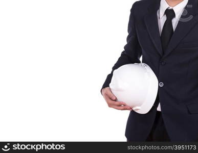 engineer in suit holding helmet isolated on white background