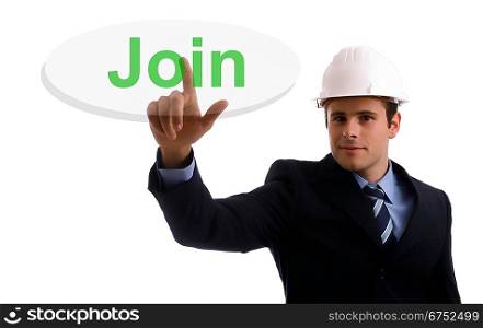 engineer pressing the join key, isolated over white