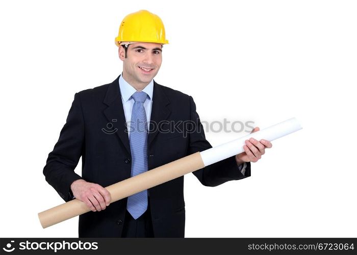 Engineer pulling a technical drawing out of its case