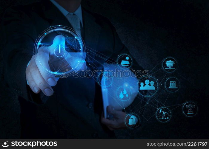 engineer pushing start button on touch screen computer interface