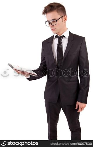 Engineer reading plan, isolated over white background