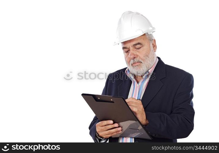 Engineer taking notes a over white background