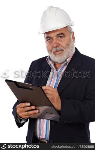 Engineer taking notes on a over white background