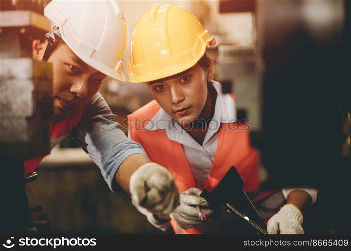Engineer team male working with women work help support together in heavy industry teach and training machine operation in factory