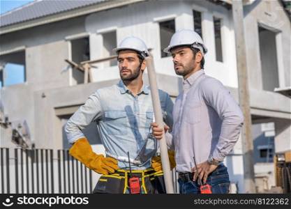 Engineer team work planning in construction site,Construction Contractors building a new home.