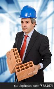 engineer with two bricks and blue hardhat