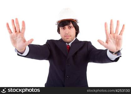 Engineer with white hat making stop sign - focus on hands