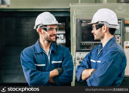 engineer worker standing  face to face. Gay worker looking together.
