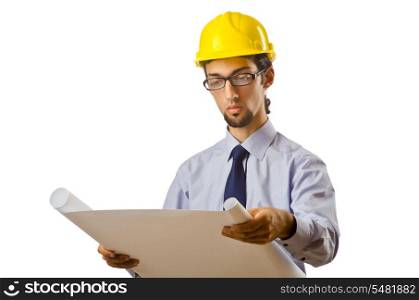 Engineer working with drawings on white