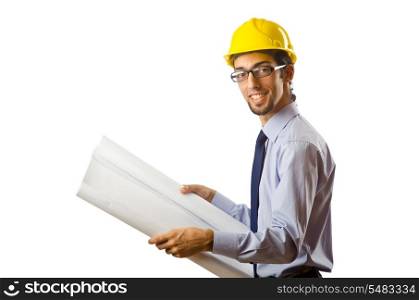 Engineer working with drawings on white