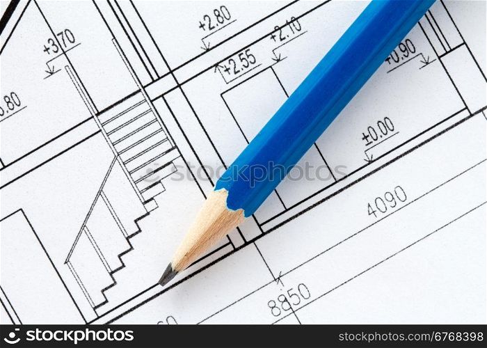 Engineering and architecture drawings with blue pencil