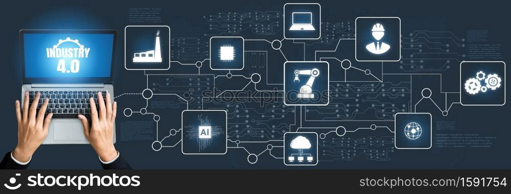 Engineering technology and industry 4.0 smart factory concept with icon graphic showing automation system by using robots and automated machinery controlled via internet network .