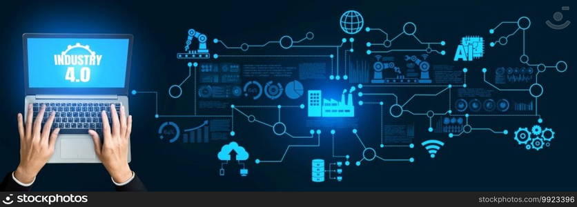 Engineering technology and industry 4.0 smart factory concept with icon graphic showing automation system by using robots and automated machinery controlled via internet network .. Engineering technology and industry 4.0 smart factory concept