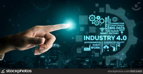 Engineering technology and industry 4.0 smart factory concept with icon graphic showing automation system by using robots and automated machinery controlled via internet network .