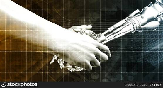 Engineering Technology with Robotic Arm and Human Hand Handshake. Engineering Technology