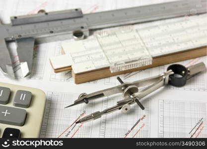 engineering tools on a technical drawing