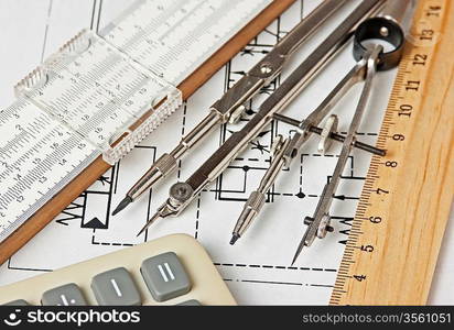 engineering tools on a technical drawing — Stockphotos.com