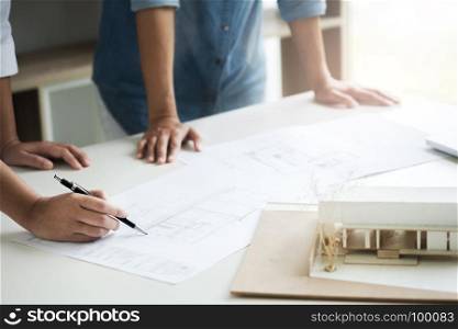 engineers working on blueprint, interior architect concept