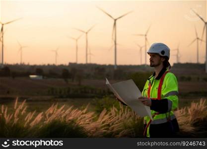 Engineers working on wind farms for renewable energy are responsible for maintaining large wind turbines. Review all tasks of the day while the evening sun shines a beautiful golden light upon both of them