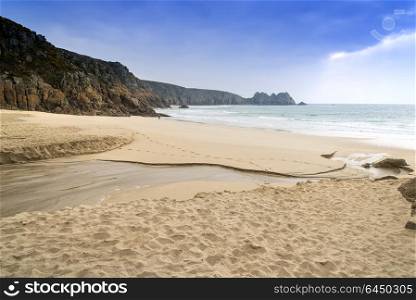 England, Cornwall, Porthcurno. Porthcurno beach in the afternoon.. Beautiful Porthcurno Beach landscape in Cornwall England